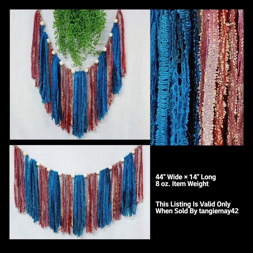 Boho Garland Wall Hanging Decor Wooden Beads Lace Ribbons Blue Pink Gold NEW
